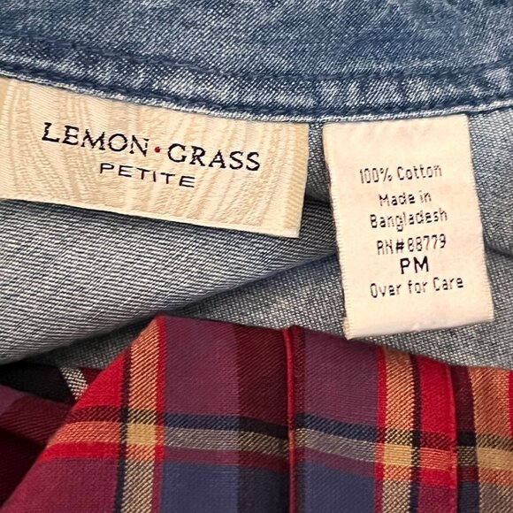 Lemon Grass Denim Shirt Jacket Floral Embroidery Red Plaid Front Panel Petite M - Picture 10 of 14